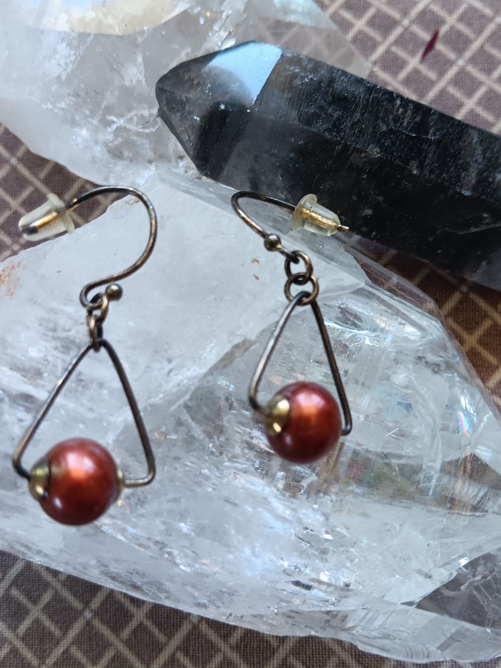 Cultured Pearls, Brown, Earrings W/ Triangle Design, Light Weight.